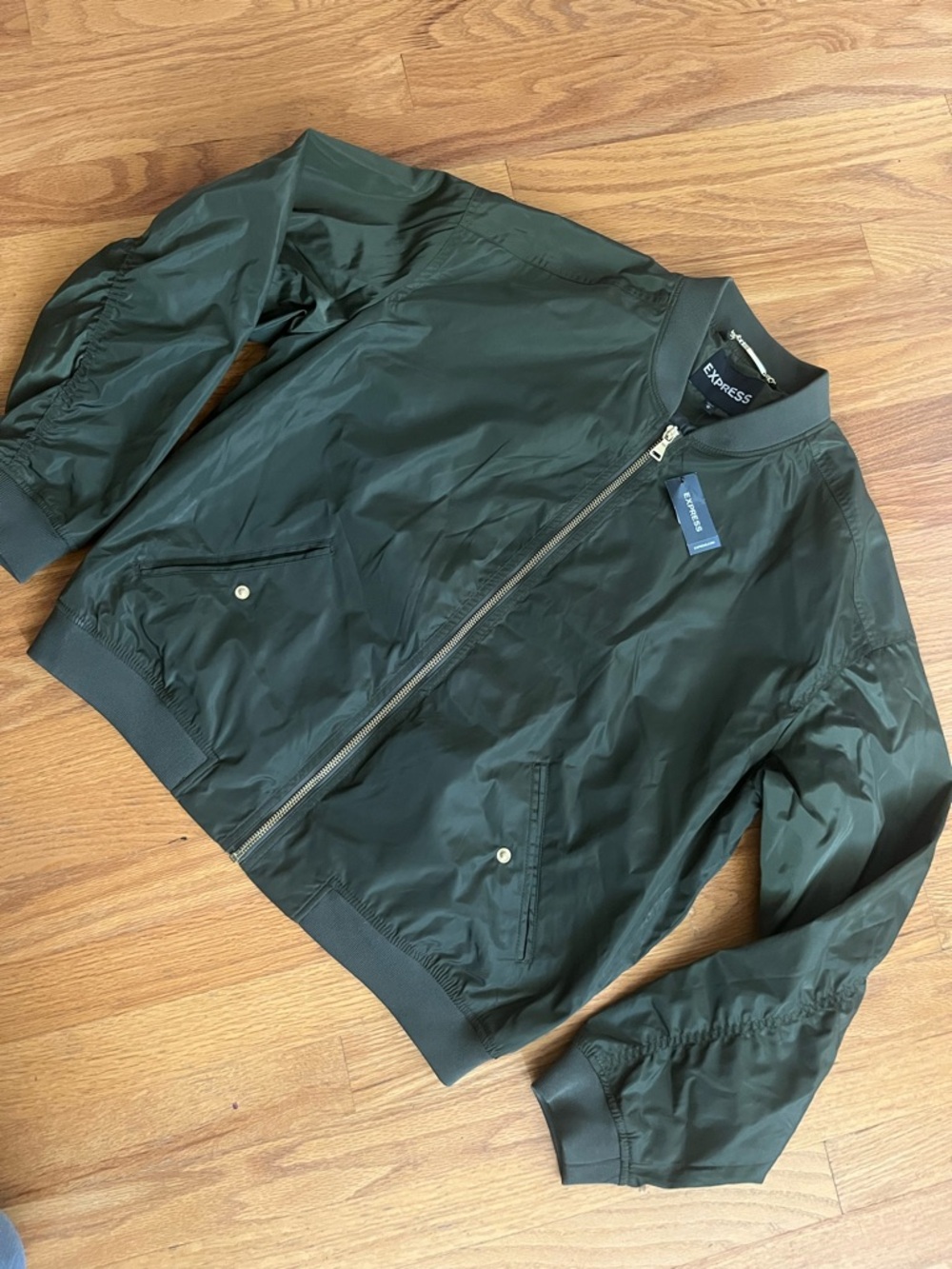 Express Dark Forest Green Bomber Jacket with Gold Zipper Medium